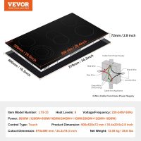 VEVOR Electric Cooktop, 36 inch 5 Burners Built-in Electric Stove Top, 8600W Ceramic Top Radiant Cooktop with Glass Panel, Touch Control, Timer, Child Lock, 9 Heat Level, 220-240V, Hard Wire (No Plug) - Image 7