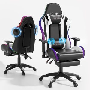 Mr IRONSTONE Gaming Chair, Video Game Chair with Bluetooth Speakers and Led Lights, Office Chair with Massage and 3D Armrest High Back Computer Racing Chair, Cheap Gaming Chairs for Adults,Black/White
