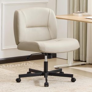 Furniliving Criss Cross Chair with Wheels, Wide Mid-Back Criss Cross Legged Chair Computer Desk Chair Height Adjustable Home Office Desk Chair for Bedroom Living Room, Office, Grey, PU