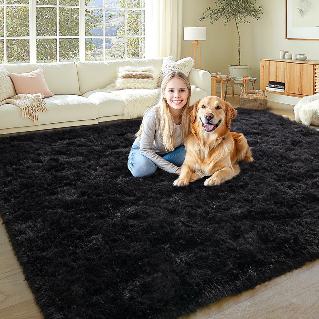 KING DARE 8×10 Area Rugs for Living Room, Soft Plush Fluffy Shaggy Fuzzy Furry Large Black Rug, Anti-Slip Washable Modern Big Floor Carpet for Bedroom Aesthetic Home Decor