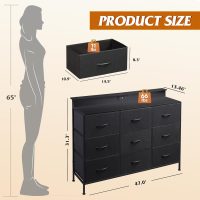 WLIVE Black TV Stand for 45, 50, 55 inch TV, Entertainment Center with LED Lights & Charging Station, TV Media Console Table with 9 Fabric Drawers and Open Shelves for Living Room, Hallway, Wood Top - Image 3
