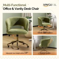 VINGLI Modern Curved Office & Vanity Desk Chair, Cute Upholstered Nail Chair with Wheels & 360° Swivel & Club & Tilting & Gold Base, for Bedroom, Living Room, Makeup, Velvet Chenille, Green - Image 6