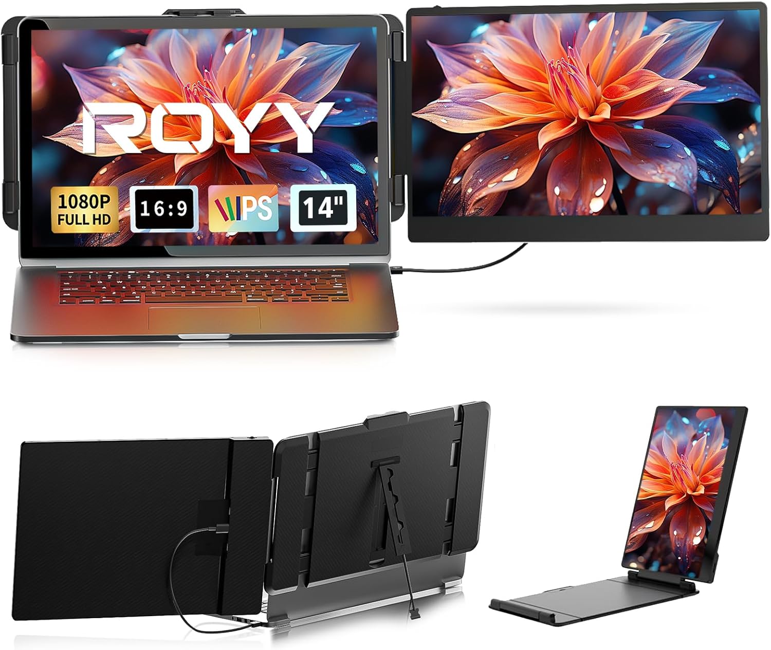 Laptop Screen Extender Dual Monitor – 14″ Portable Monitor IPS FHD 1080P Attachment Extended Extra Screen USB-C HDMI Port Compatible with Wins Mac Dex Chrome Travel Work Fits 13″-17″ Laptops