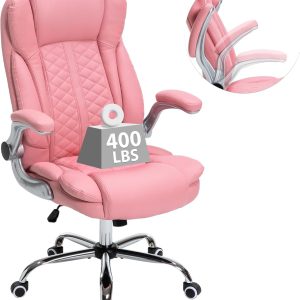 400lbs Executive Office Chair with Flip-Up Armrests, Big and Tall Computer Chair for Heavy People, Heavy Duty Ergonomic Comfy Chair, Breathable PU Leather (Pink)