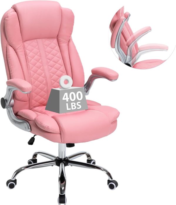 400lbs Executive Office Chair with Flip-Up Armrests, Big and Tall Computer Chair for Heavy People, Heavy Duty Ergonomic Comfy Chair, Breathable PU Leather (Pink)