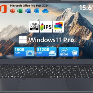 15.6" Laptop Computer, Windows 11 Laptop, 16GB RAM, 512GB SSD(Expandable to 2TB), Intel Quad-Core N5095(Up to 2.9 GHz), 1080P FHD Display, Fingerprint, Backlit KB, Wi-Fi 5, BT5.0, Quad-Speaker