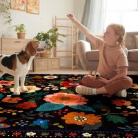 Floral 5x7 Area Rug Machine Washable Soft Print Boho Carpet Non Slip Doormat Low Pile Flower Area Rugs for Living Room Bedroom Nursery Kitchen Dining Room Indoor-Black - Image 8