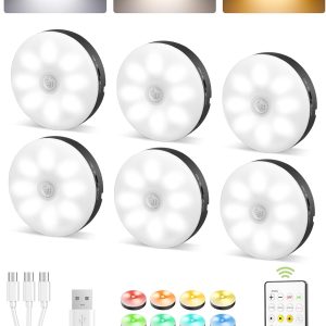 EZVALO Under Cabinet Lighting,1000mAh Rechargeable Puck Lights with Remote,3 Color Temps & 12 RGB Motion Sensor Closet Lights Indoor, Dimmable Under Counter Lights for Kitchen, Shelf Black (6 Packs)