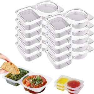 10PCS Double Compartment Condiment Containers with Lids,Reusable Snack Container With Lids 2 Compartments for to-go Sauce,Sampling with Box Package,Clear Color