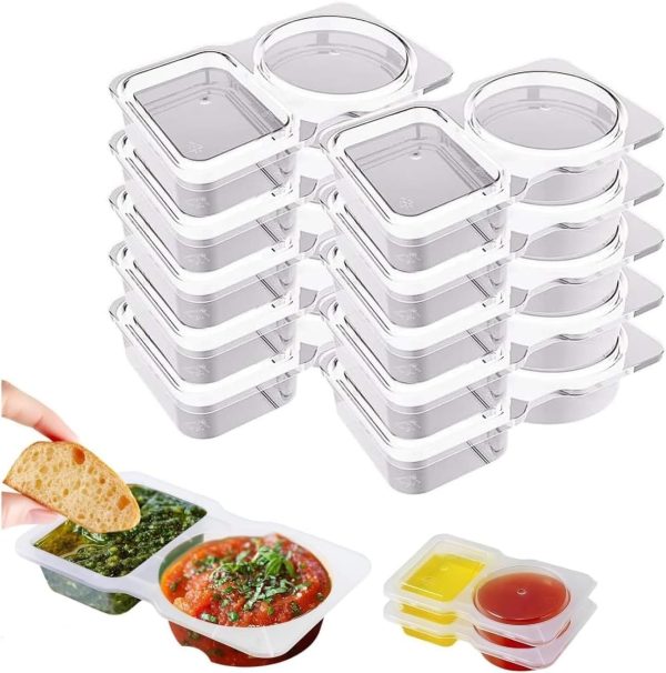 10PCS Double Compartment Condiment Containers with Lids,Reusable Snack Container With Lids 2 Compartments for to-go Sauce,Sampling with Box Package,Clear Color