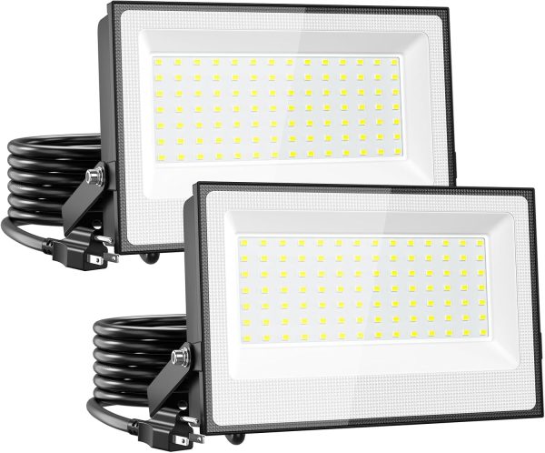 Onforu 120W Flood Lights Outdoor, 12000lm Bright LED Work Light with Plug, 6500K Daylight White LED Flood Lighting, IP66 Waterproof Security Yard Lights for Yard Garage Stadium 2 Pack