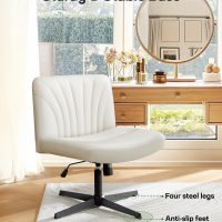 Marsail Cross Legged Office Chair: PU Leather Criss Cross Desk Chair Wide Armless Desk Chair Swivel Height Adjustable Vanity Chair for Make Up,Small Space,Bed Room(Beige) - Image 5