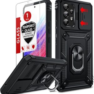 LeYi for Samsung Galaxy A53-5G Phone Case: Samsung A53 Phone Case with Slide Camera Cover + Screen Protector, Military-Grade Heavy Duty Cell Android Cover Magnetic Ring Holder Stand para A 53, Black