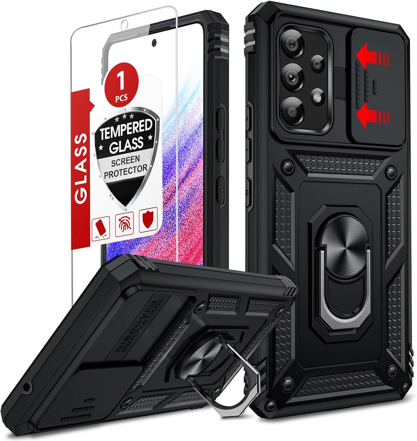 LeYi for Samsung Galaxy A53-5G Phone Case: Samsung A53 Phone Case with Slide Camera Cover + Screen Protector, Military-Grade Heavy Duty Cell Android Cover Magnetic Ring Holder Stand para A 53, Black