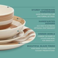 Gibson Home Kenwood Shores 16 Piece Dinnerware Set, Brown Striped, Stoneware, Hand-Painted Plates and Bowls, Service for 4, Microwave & Dishwasher Safe - Image 3