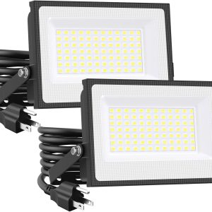 Onforu 80W Flood Lights Outdoor, 8000lm Bright LED Work Light with Plug, 6500K Daylight White LED Flood Lighting, IP66 Waterproof Security Yard Lights for Garage Stadium 2 Pack