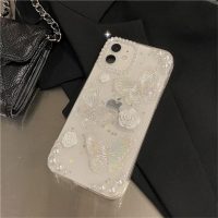 Fycyko Compatible with iPhone 14/13 Butterfly Floral Clear with Design Aesthetic Women Teen Girls Glitter Pretty Crystal Sparkle Sparkly Cute Girly Phone Cases Protective Cover+Chain-Clear - Image 8