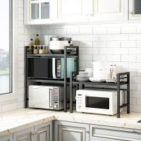 DOLALIKE Microwave Oven Rack, Expandable Microwave Stand Countertop Kitchen Utensils Tableware Storage, Carbon Steel Over Microwave Shelf Countertop with 3 Hooks - Image 7