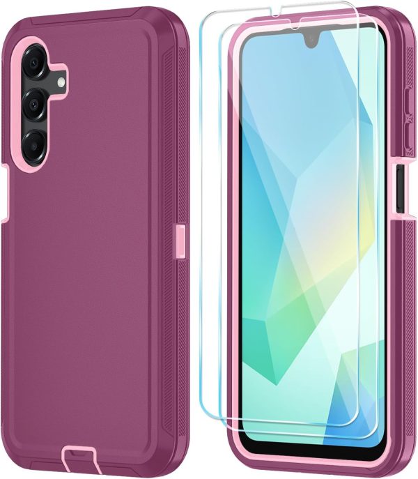 Qinmay Phone Case for Samsung Galaxy A16 5G Case with HD Screen Protector, Heavy Duty Shockproof & Dropproof 3-Layer Cover Phone Case for Galaxy A16,WineRedPink