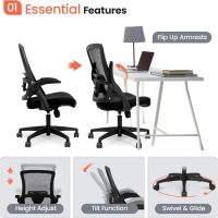 NEO CHAIR Office Desk Chair Computer High Back Mesh Gaming Seat with Ergonomic Adjustable Comfy Flip-up Armrests Lumbar Support Height for Home (Black) - Image 3