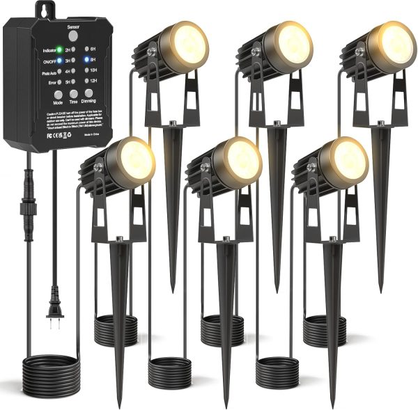 HIBOITEC Low Voltage Landscape Lighting with Transformer Photocell Sensor and Timer Spotlights Kit 52FT ETL Approved Wire Dimmable Waterproof 2700K for House Yard Trees Garden Plants Outdoor 6 Packs
