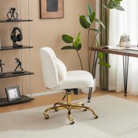 VINGLI Wide Criss Cross Legged Office Chair,Buttprint Ergonomic Desk Chair Comfy with Pillow&Gold Base,Dual-Use with/no Wheels,Adjustable Vanity Swivel Chair for Bedroom,Home Office,Teddy Fleece,White - Image 5