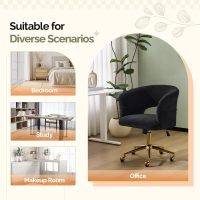 VINGLI Modern Curved Office & Vanity Desk Chair, Cute Upholstered Nail Chair with Wheels & 360° Swivel & Club & Tilting & Gold Base, for Bedroom, Living Room, Makeup, Velvet Chenille, Black - Image 9