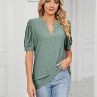 Women’s Casual V Neck Eyelet Blouse Puff Sleeve Loose Fit Summer Tshirt Top Business Wear - Image 6
