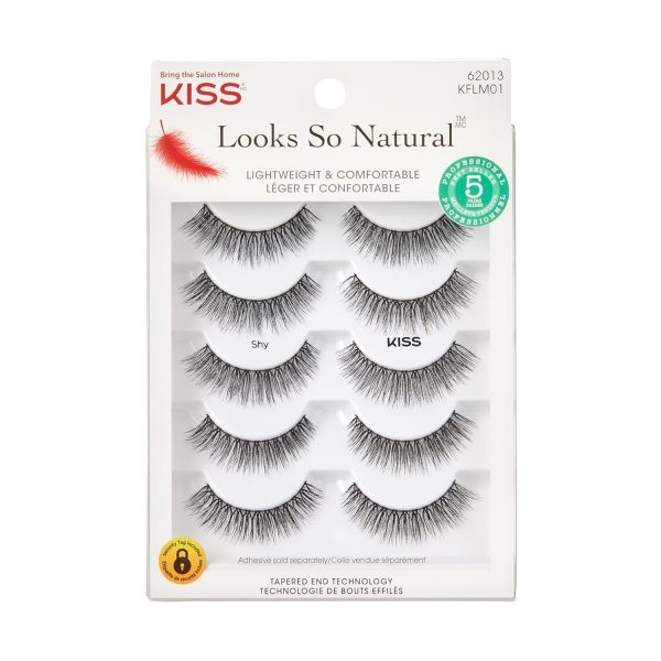 KISS Looks So Natural, False Eyelashes, 'Shy', 12 mm, Includes 5 Pairs Of Lashes, Contact Lens Friendly, Easy to Apply, Reusable Strip Lashes, Glue On