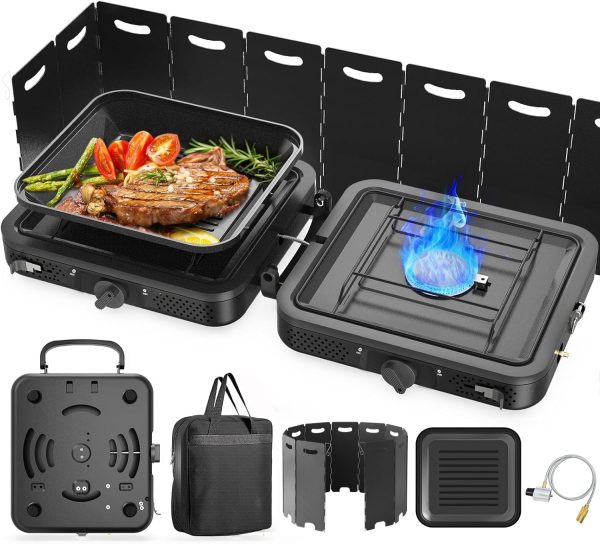 2 Burner Portable Camping Stove Propane, Folding Propane Stove for Camping, Camp Stove with 17,000 BTU,Two Adjustable Burners Gas Camping Stove with Carrying Bag for Outdoor Cooking,BBQ