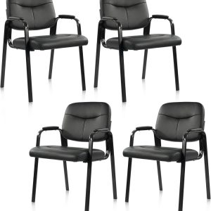 Waiting Room Chairs No Wheels Set of 4, Leather Stationary Office Reception Guest Chair with Padded Arms for Elderly Desk Conference Room Lobby Table Side Salon