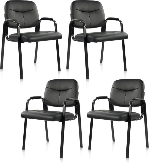 Waiting Room Chairs No Wheels Set of 4, Leather Stationary Office Reception Guest Chair with Padded Arms for Elderly Desk Conference Room Lobby Table Side Salon