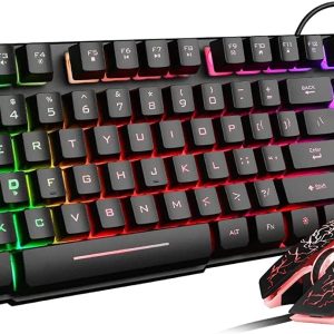Rii Keyboard and Mouse Set, Rainbow LED Backlit Multimedia PC Keyboard, Colorful Breathing Backlit Gaming Mouse for Work or Play