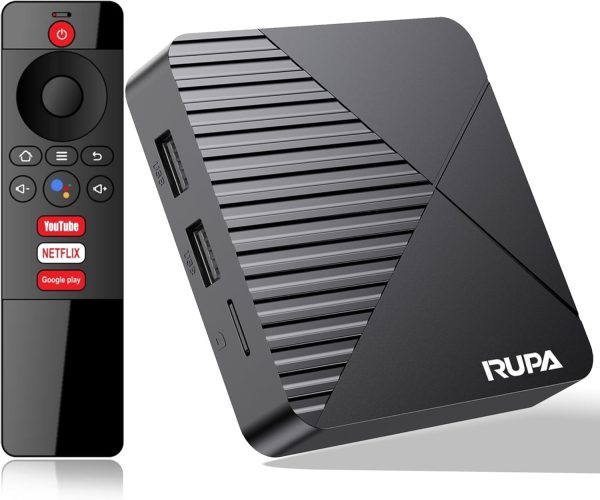 RUPA Android TV Box 13.0, 2025 Android Box 4GB RAM 64GB ROM Support Dual-WiFi 2.4G/5.8G WIFI6 10/100M Ethernet 3D 8K HDR10+ BT5.0 with Voice Remote Control