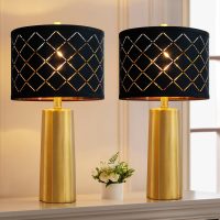 RORIANO Set of 2 Modern Table Lamps for Living Room Bedroom, Gold Nightstand Resin Lamps with Black Grid Shade, Contemporary Desk Lamps for Bedside End Tables, 2 Bulbs Included (Gold) - Image 2