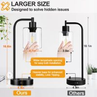 Set of 2 Industrial Table Lamps with USB Port, Fully Stepless Dimmable Bedside Lamps for Bedrooms, Nightstand Desk Lamp with Clear Glass Shade for Reading Living Room Office 2 LED Bulb Included - Image 4