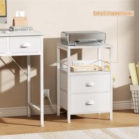Furologee End Table with Charging Station, Nightstand with Fabric Drawers, Side Tables with USB Ports & Outlets, Night Stand with Storage Shelf & Hooks, for Living Room/Bedroom, White - Image 7