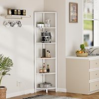 Furnulem 6 Tier Corner Shelf with LED Light, 67.5” Tall Standing Shelf Organizer, White Narrow Bookshelf with Storage Rack for Wall Corner, Living Room, Bedroom, Metal Frame, Wood Display Shelf - Image 9