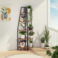 Furnulem 5 Tier Corner Shelf with LED Light, 67.2” Tall Standing Shelf for Wall Corner, Narrow Bookshelf Ladder Shelf for Bedroom, Living Room, Plant, Wood Storage Rack, Metal Frame (Rustic Brown) - Image 8