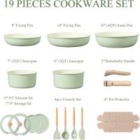 CAROTE Pots and Pans Set, Nonstick Cookware Set Detachable Handle, 19pcs Induction Kitchen Cookware Sets Non Stick with Removable Handle, RV Cookware Set, Oven Safe, Sage Green - Image 2