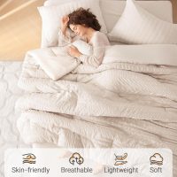 MUXHOMO 7 Pieces Queen Comforter Set, Seersucker Bed in a Bag Queen Size, All Season Luxury Bedding Set with Comforter, Flat Sheet, Fitted Sheet, Pillowcases & Shams, Beige - Image 2