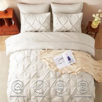 CozyLux Queen Comforter Set Beige, 7 Pieces Pintuck Bed in A Bag, Premium Beige Comforter Queen Size, Pinch Pleat Bedding Sets with Comforter, Sheets, Pillowcases & Shams - Image 2