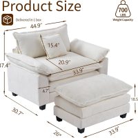SweetGO corporation 45" Chenille Lounge Chair for Reading, Modern Couch Cozy Sofa Bed, Upholstered Living Room Single Sofa Accent Chair with Ottoman, Beige - Image 2