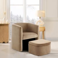 COLAMY Upholstered Velvet Barrel Accent Chair with Storage Ottoman, Morden Living Room Chair with Lounge Seat for Bedroom/Reading Spaces, Khaki - Image 8