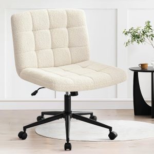 Criss Cross Legged Chair, Faux Fur Upholstered Office Chair with Wheels, Adjustable Armless Desk Chair with Wide Thicken Seat, Computer Chairs for Living Room, Study Room, Home Office, IvoryWhite