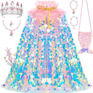 Meland Princess Dress Up for Girls 3-8, 11Pcs Mermaid Cape with Crown, Dress Up Clothes Birthday Gift Toys for Girls Toddlers