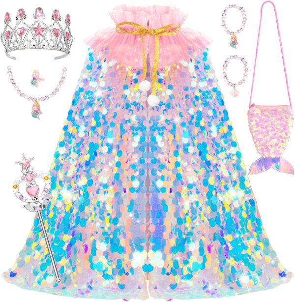 Meland Princess Dress Up for Girls 3-8, 11Pcs Mermaid Cape with Crown, Dress Up Clothes Birthday Gift Toys for Girls Toddlers
