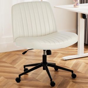 Criss Cross Legged Chair, Ergonomic Computer Desk Swivel Seating Comfy Wide PU Leather Seat No Wheels Armless Height Adjustable for Home Office, Study, Vanity, Beige