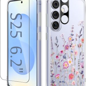 GVIEWIN for Samsung Galaxy S25 Case, [Screen & Camera Lens Protector] [Non Yellowing] Floral Clear Slim Shockproof Military-Grade Protection Phone Cover, Flower Design for Women, Floratopia/Colorful