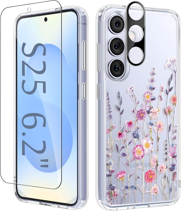 GVIEWIN for Samsung Galaxy S25 Case, [Screen & Camera Lens Protector] [Non Yellowing] Floral Clear Slim Shockproof Military-Grade Protection Phone Cover, Flower Design for Women, Floratopia/Colorful